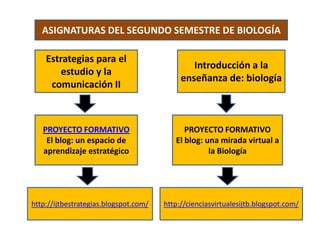 ASIGNATURAS DEL SEGUNDO SEMESTRE DE BIOLOGÍAEstrategias para el estudio y la comunicación IIIntroducción a la enseñanza de: biologíaPROYECTO FORMATIVOEl blog: un espacio de aprendizaje estratégicoPROYECTO FORMATIVOEl blog: una mirada virtual a la Biología http://ijtbestrategias.blogspot.com/http://cienciasvirtualesijtb.blogspot.com/