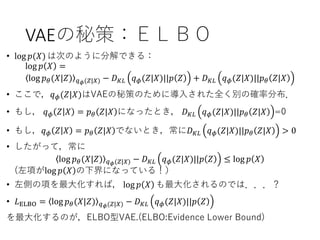 VAEの秘策：ＥＬＢＯ
• log 𝑝(𝑋) は次のように分解できる：
log 𝑝 𝑋 =
log 𝑝 𝜃(𝑋|𝑍) 𝑞 𝜙(𝑍|𝑋) − 𝐷 𝐾𝐿 𝑞 𝜙(𝑍|𝑋)||𝑝 𝑍 + 𝐷 𝐾𝐿 𝑞 𝜙(𝑍|𝑋)||𝑝 𝜃 𝑍|𝑋
• ここで，𝑞 𝜙(𝑍|𝑋)はVAEの秘策のために導入された全く別の確率分布．
• もし， 𝑞 𝜙 𝑍 𝑋 = 𝑝 𝜃 𝑍|𝑋 になったとき， 𝐷 𝐾𝐿 𝑞 𝜙(𝑍|𝑋)||𝑝 𝜃 𝑍|𝑋 =0
• もし，𝑞 𝜙 𝑍 𝑋 = 𝑝 𝜃 𝑍|𝑋 でないとき，常に𝐷 𝐾𝐿 𝑞 𝜙(𝑍|𝑋)||𝑝 𝜃 𝑍|𝑋 > 0
• したがって，常に
log 𝑝 𝜃(𝑋|𝑍) 𝑞 𝜙(𝑍|𝑋) − 𝐷 𝐾𝐿 𝑞 𝜙(𝑍|𝑋)||𝑝 𝑍 ≤ log 𝑝 𝑋
(左項がlog 𝑝 𝑋 の下界になっている！）
• 左側の項を最大化すれば， log 𝑝 𝑋 も最大化されるのでは．．．？
• 𝐿ELBO = log 𝑝 𝜃(𝑋|𝑍) 𝑞 𝜙(𝑍|𝑋) − 𝐷 𝐾𝐿 𝑞 𝜙(𝑍|𝑋)||𝑝 𝑍
を最大化するのが，ELBO型VAE.(ELBO:Evidence Lower Bound)
 