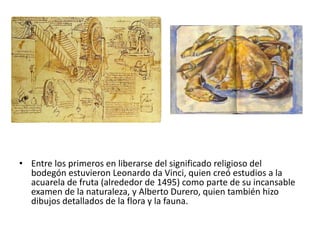 • Entre los primeros en liberarse del significado religioso del
bodegón estuvieron Leonardo da Vinci, quien creó estudios a la
acuarela de fruta (alrededor de 1495) como parte de su incansable
examen de la naturaleza, y Alberto Durero, quien también hizo
dibujos detallados de la flora y la fauna.
 