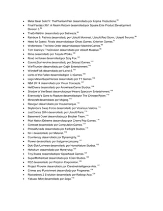 93

Metal Gear Solid V: ThePhantomPain desarrollado por Kojima Productions.

Final Fantasy XIV: A Realm Reborn desarrolladopor Square Enix Product Development
94
Division 3.
95

TheEvilWithin desarrollado por Bethesda.

96

Rainbow 6: Patriots desarrollado por Ubisoft Montreal, Ubisoft Red Storm, Ubisoft Toronto.
97

Need for Speed: Rivals desarrolladopor Ghost Games, Criterion Games.
98

Wolfenstein: The New Order desarrolladopor MachineGames.
Tom Clancy's: TheDivision desarrollado por Ubisoft Massive.

99

100

Rime desarrollado por Tequila Works.

101

Road not taken desarrolladopor Spry Fox.

102

CosmicStarHeroine desarrollado por Zeboyd Games.

103

WarThunder desarrollado por Gaijin Entertainment.
104

WonderFlick desarrollado por Level-5.

105

Lords of the Fallen desarrolladopor CI Games.

106

Lego MarvelSuperHeroes desarrollado por TT Games.
107

NBA 2K14 desarrollado por Visual Concepts.

108

HellDivers desarrollado por ArrowheadGame Studios.

109

Shadow of the Beast desarrolladopor Heavy Spectrum Entertainment.
110

Everybody's Gone to Rapture desarrolladopor The Chinese Room.
Minecraft desarrollado por Mojang.

111
112

Resogun desarrollado por Housemarque.

113

Skylanders Swap Force desarrollado por Vicarious Visions.
114

Just Dance 2014 desarrollado por Ubisoft Paris.

115

Basement Crawl desarrollado por Bloober Team.

116

Pool Nation Extreme desarrollado por Cherry Pop Games.
117

Contrast desarrollado por Compulsion Games.

118

PinballArcade desarrollado por FarSight Studios.
119

N++ desarrollado por Metanet.

Counterspy desarrollado por Dynamighty.

120
121

Flower desarrollado por thatgamecompany.

122

Doki-DokiUniverse desarrollado por HumaNature Studios.
123

Hohokum desarrollado por Honeyslug.

124

Tiny Brains desarrolladopor Spearhead Games.

125

SuperMotherload desarrollado por XGen Studios.
FEZ desarrollado por Polytron Corporation.

126
127

Project Phoenix desarrollado por CreativeIntelligence Arts.
128

Crimes and Punishment desarrollado por Frogwares.

129

Rocketbirds 2 Evolution desarrollado por Ratloop Asia.
Yakuza: Ishin desarrollado por Sega.

130

 
