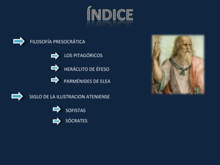 FILOSOFÍA PRESOCRÁTICA LOS PITAGÓRICOS PARMÉNIDES DE ELEA  HERÁCLITO DE ÉFESO SIGLO DE LA ILUSTRACION ATENIENSE SOFISTAS SÓCRATES 