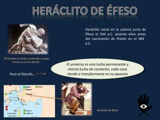 Heráclito nació en la colonia jonia de Éfeso el 544 a.C. sesenta años antes del nacimiento de Platón en el 484  a.C.  “ El hombre es lucha, contienda consigo mismo y con los demás” Para el filósofo… El universo es una lucha permanente y eterna lucha de contarios, cada cosa tiende a transformarse en su opuesto Heráclito de Éfeso 