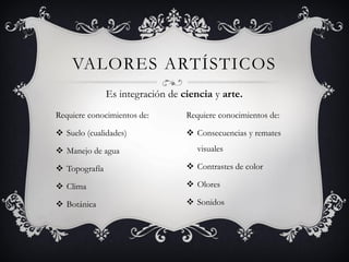 VALORES ARTÍSTICOS
Es integración de ciencia y arte.
Requiere conocimientos de:
 Suelo (cualidades)
 Manejo de agua
 Topografía
 Clima
 Botánica
Requiere conocimientos de:
 Consecuencias y remates
visuales
 Contrastes de color
 Olores
 Sonidos
 
