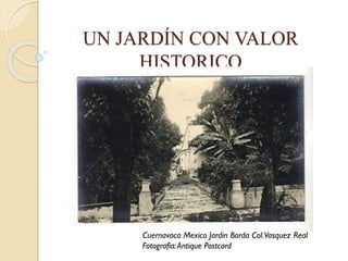 UN JARDÍN CON VALOR
HISTORICO
Cuernavaca Mexico Jardin Borda Col.Vasquez Real
Fotografia:Antique Postcard
 