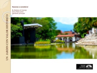 UNJARDINCONVALORHISTORICO Razones a considerar
2. Destaca el manejo
de su flora como
elemento principal
 