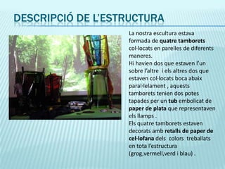 DESCRIPCIÓ DE L’ESTRUCTURALa nostra escultura estava formada de quatretamboretscol·locats en parelles de diferentsmaneres.Hihavien dos que estavenl’un sobre l’altre  i elsaltres dos que estavencol·locats boca abaixparal·lelament , aqueststamboretstenien dos potes tapades per un tubembolicat de paper de plata que representavenelsllamps . Elsquatretamboretsestavendecoratsambretalls de paper de cel·lofanadelscolorstreballats en tota l’estructura  (grog,vermell,verd i blau) .
