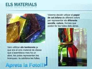 ElsmaterialsVáreme decidir utilizar el paper de cel.lofana de diferentcolors per representar elsdiferentssorolls, colors, formes que poden fer les fulles dels abres.Vamutilitzarelstamboretsja que era el únic material de classe que s’asemblava mes ha un abre, les potes representen les branques i la celofana les fulles.Apreta la Foto!!!