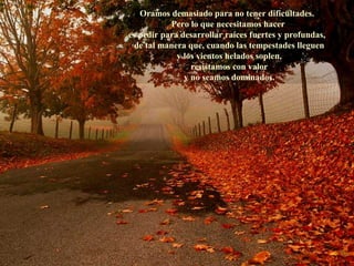 Oramos demasiado para no tener dificultades.
           Pero lo que necesitamos hacer
es pedir para desarrollar raíces fuertes y profundas,
  de tal manera que, cuando las tempestades lleguen
             y los vientos helados soplen,
                 resistamos con valor
               y no seamos dominados.
 