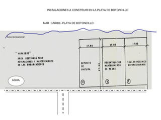 INSTALACIONES A CONSTRUIR EN LA PLAYA DE BOTONCILLO



                    MAR CARIBE- PLAYA DE BOTONCILLO




Área recreacional




    AGUA
 