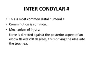 INTER CONDYLAR #
• This is most common distal humeral #.
• Comminution is common.
• Mechanism of injury:
Force is directed against the posterior aspect of an
elbow flexed >90 degrees, thus driving the ulna into
the trochlea.
 