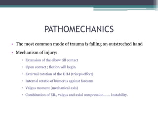 PATHOMECHANICS
• The most common mode of trauma is falling on outstreched hand
• Mechanism of injury:
 Extension of the elbow till contact
 Upon contact ; flexion will begin
 External rotation of the UHJ (triceps effect)
 Internal rotatio of humerus against forearm
 Valgus moment (mechanical axis)
 Combination of ER., valgus and axial compression……. Instability.
 