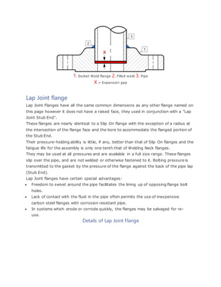 1. Socket Weld flange 2. Filled weld 3. Pipe
X = Expansion gap
Lap Joint flange
Lap Joint Flanges have all the same common dimensions as any other flange named on
this page however it does not have a raised face, they used in conjunction with a "Lap
Joint Stub End".
These flanges are nearly identical to a Slip On flange with the exception of a radius at
the intersection of the flange face and the bore to accommodate the flanged portion of
the Stub End.
Their pressure-holding ability is little, if any, better than that of Slip On flanges and the
fatigue life for the assembly is only one tenth that of Welding Neck flanges.
They may be used at all pressures and are available in a full size range. These flanges
slip over the pipe, and are not welded or otherwise fastened to it. Bolting pressure is
transmitted to the gasket by the pressure of the flange against the back of the pipe lap
(Stub End).
Lap Joint flanges have certain special advantages:
 Freedom to swivel around the pipe facilitates the lining up of opposing flange bolt
holes.
 Lack of contact with the fluid in the pipe often permits the use of inexpensive
carbon steel flanges with corrosion resistant pipe.
 In systems which erode or corrode quickly, the flanges may be salvaged for re-
use.
Details of Lap Joint Flange
 