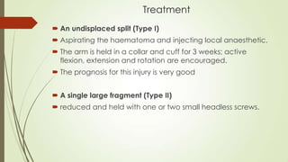 Treatment
 An undisplaced split (Type I)
 Aspirating the haematoma and injecting local anaesthetic.
 The arm is held in a collar and cuff for 3 weeks; active
flexion, extension and rotation are encouraged.
 The prognosis for this injury is very good
 A single large fragment (Type II)
 reduced and held with one or two small headless screws.
 
