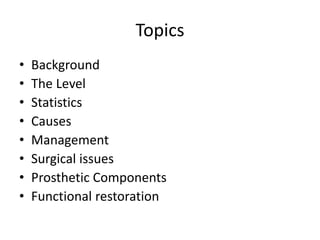 Topics
• Background
• The Level
• Statistics
• Causes
• Management
• Surgical issues
• Prosthetic Components
• Functional restoration
 