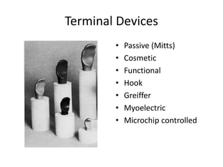Terminal Devices
• Passive (Mitts)
• Cosmetic
• Functional
• Hook
• Greiffer
• Myoelectric
• Microchip controlled
 