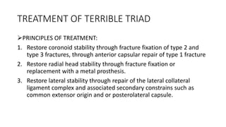 TREATMENT OF TERRIBLE TRIAD
PRINCIPLES OF TREATMENT:
1. Restore coronoid stability through fracture fixation of type 2 and
type 3 fractures, through anterior capsular repair of type 1 fracture
2. Restore radial head stability through fracture fixation or
replacement with a metal prosthesis.
3. Restore lateral stability through repair of the lateral collateral
ligament complex and associated secondary constrains such as
common extensor origin and or posterolateral capsule.
 