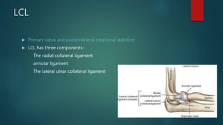 LCL
 Primary varus and posterolateral rotational stabilizer
 LCL has three components-
The radial collateral ligament
annular ligament
The lateral ulnar collateral ligament
 