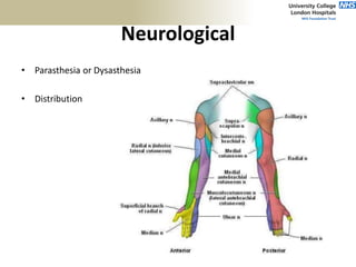 Neurological
• Parasthesia or Dysasthesia
• Distribution
 