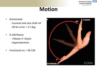 Motion
• Goniometer
- humeral and ulna shaft ref
- SD for error = 3.7 deg
• 0-140 flexion
- >flexion if <19y/o
- Hyperextention
• Functional arc = 30-130
 