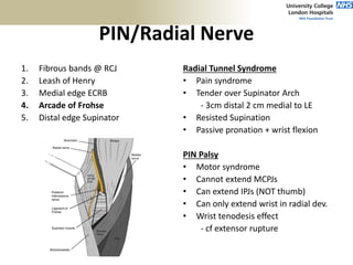 PIN/Radial Nerve
1. Fibrous bands @ RCJ
2. Leash of Henry
3. Medial edge ECRB
4. Arcade of Frohse
5. Distal edge Supinator
Radial Tunnel Syndrome
• Pain syndrome
• Tender over Supinator Arch
- 3cm distal 2 cm medial to LE
• Resisted Supination
• Passive pronation + wrist flexion
PIN Palsy
• Motor syndrome
• Cannot extend MCPJs
• Can extend IPJs (NOT thumb)
• Can only extend wrist in radial dev.
• Wrist tenodesis effect
- cf extensor rupture
 