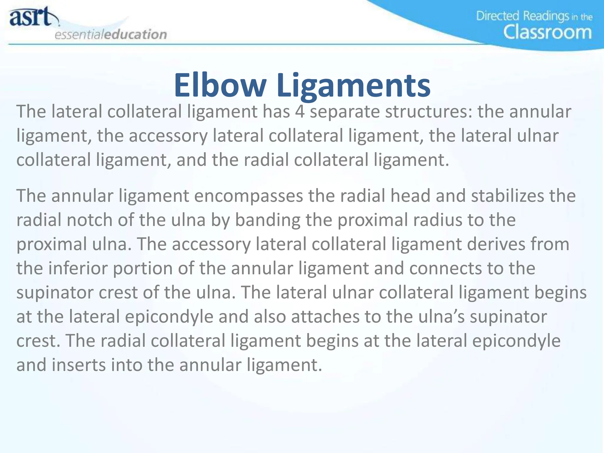 Elbow Ligaments
The lateral collateral ligament has 4 separate structures: the annular
ligament, the accessory lateral collateral ligament, the lateral ulnar
collateral ligament, and the radial collateral ligament.
The annular ligament encompasses the radial head and stabilizes the
radial notch of the ulna by banding the proximal radius to the
proximal ulna. The accessory lateral collateral ligament derives from
the inferior portion of the annular ligament and connects to the
supinator crest of the ulna. The lateral ulnar collateral ligament begins
at the lateral epicondyle and also attaches to the ulna’s supinator
crest. The radial collateral ligament begins at the lateral epicondyle
and inserts into the annular ligament.
 