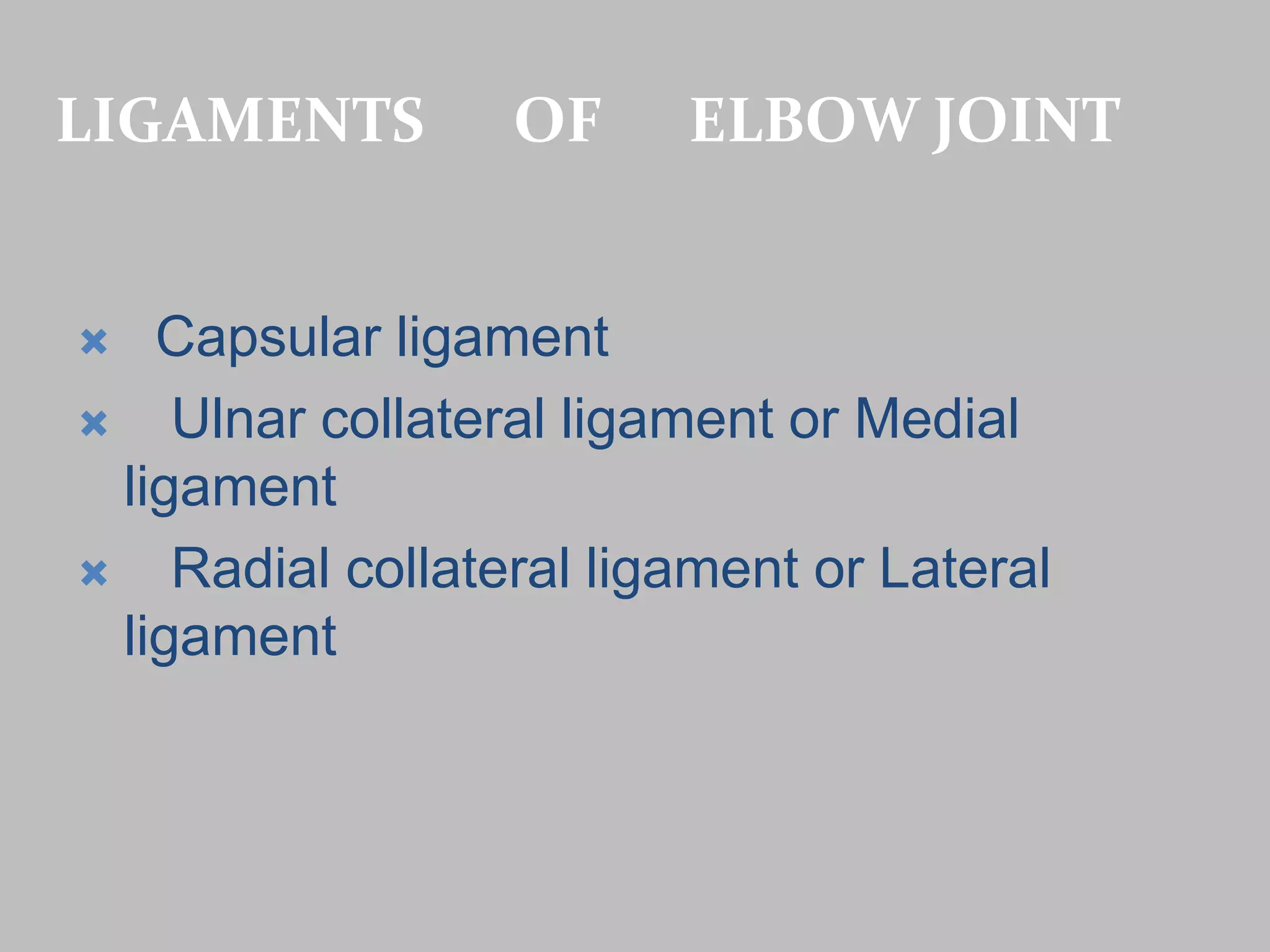 LIGAMENTS OF ELBOW JOINT
 Capsular ligament
 Ulnar collateral ligament or Medial
ligament
 Radial collateral ligament or Lateral
ligament
 