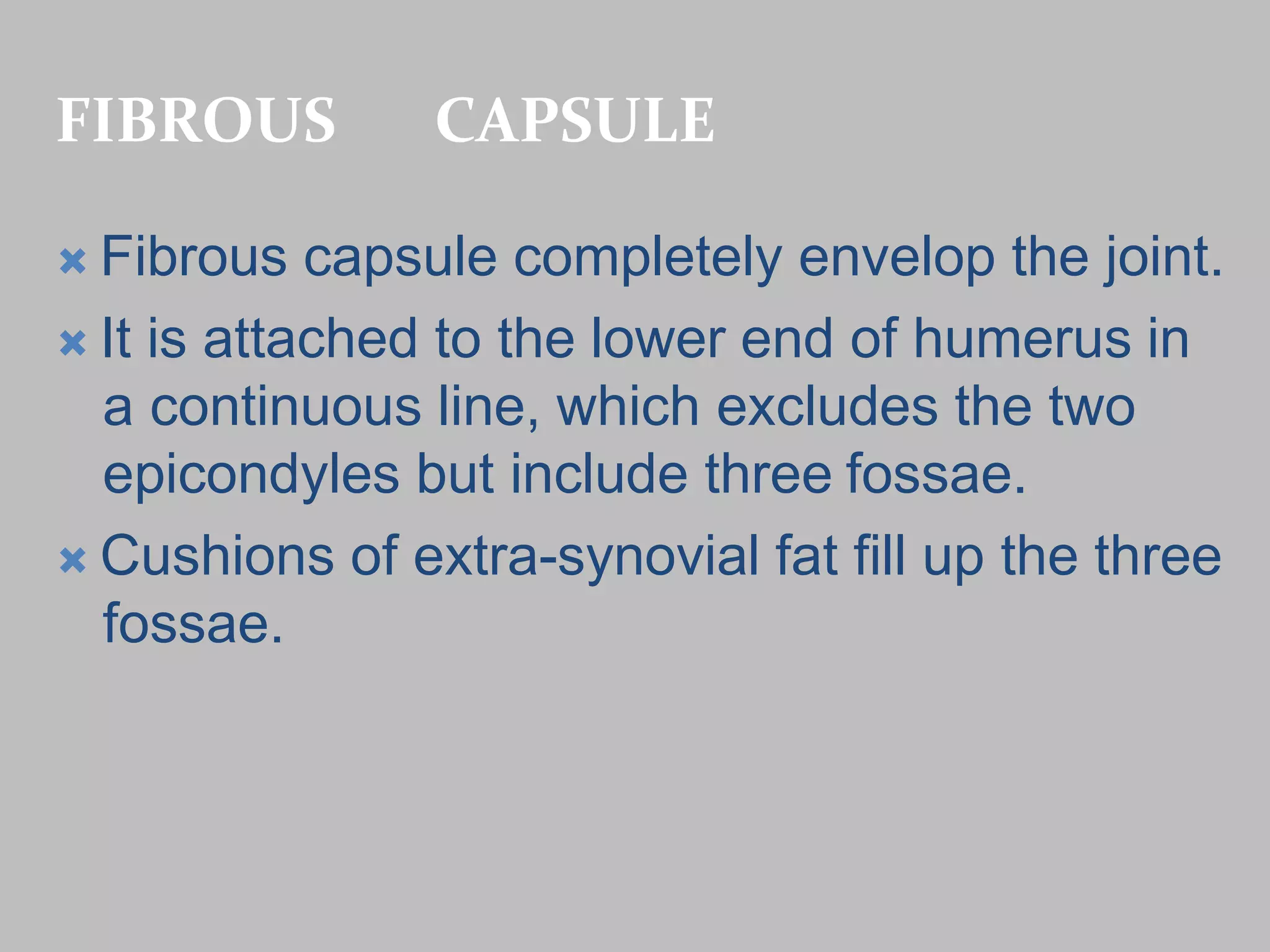 FIBROUS CAPSULE
 Fibrous capsule completely envelop the joint.
 It is attached to the lower end of humerus in
a continuous line, which excludes the two
epicondyles but include three fossae.
 Cushions of extra-synovial fat fill up the three
fossae.
 