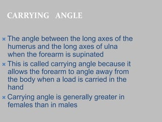 CARRYING ANGLE
 The angle between the long axes of the
humerus and the long axes of ulna
when the forearm is supinated
 This is called carrying angle because it
allows the forearm to angle away from
the body when a load is carried in the
hand
 Carrying angle is generally greater in
females than in males
 