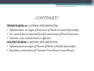 CONTINUED’
TENNISELBOWor LATERAL EPICONDYLITIS:
• Inflammation at origin of Extensors of Wrist at Lateral Epicondyle.
• It is caused due to repeated forceful contraction of Wrist Extensors.
• Extensor carpi radialis brevis is affected
GOLFER’S ELBOWor MEDIAL EPICONDYLITIS:
• Inflammation at origin of Flexors of Wrist at Medial Epicondyle.
• Repetitive contractions of Pronator Teres,Flexor Carpi Ulnaris .
 