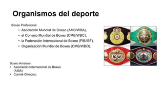 Organismos del deporte
• Asociación Mundial de Boxeo (AMB/WBA),
• el Consejo Mundial de Boxeo (CMB/WBC),
• la Federación I...