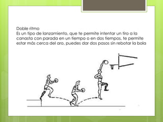 Doble ritmo 
Es un tipo de lanzamiento, que te permite intentar un tiro a la 
canasta con parada en un tiempo o en dos tiempos, te permite 
estar más cerca del aro, puedes dar dos pasos sin rebotar la bola 
 