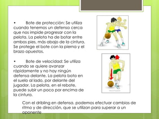 • Bote de protección: Se utiliza 
cuando tenemos un defensa cerca 
que nos impide progresar con la 
pelota. La pelota ha de botar entre 
ambos pies, más abajo de la cintura. 
Se protege el bote con la pierna y el 
brazo opuestos. 
• Bote de velocidad: Se utiliza 
cuando se quiere avanzar 
rápidamente y no hay ningún 
defensa delante. La pelota bota en 
el suelo al lado, por delante del 
jugador. La pelota, en el rebote, 
puede subir un poco por encima de 
la cintura. 
Con el dribling en defensa. podemos efectuar cambios de 
ritmo y de dirección, que se utilizan para superar a un 
oponente 
 