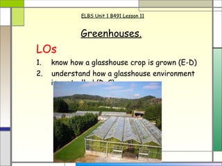 ELBS Unit 1 B491 Lesson 11 Greenhouses.   LOs 1.   know how a glasshouse crop is grown (E-D)  2.  understand how a glasshouse environment is controlled (D-C) 