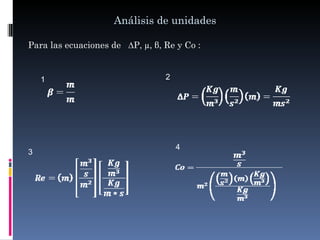 Análisis de unidades

Para las ecuaciones de ∆P, µ, β, Re y Co :


    1                            2




                                     4
3
 
