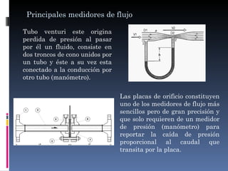 Principales medidores de flujo

Tubo venturi este origina
perdida de presión al pasar
por él un fluido, consiste en
dos troncos de cono unidos por
un tubo y éste a su vez esta
conectado a la conducción por
otro tubo (manómetro).


                                 Las placas de orificio constituyen
                                 uno de los medidores de flujo más
                                 sencillos pero de gran precisión y
                                 que solo requieren de un medidor
                                 de presión (manómetro) para
                                 reportar la caída de presión
                                 proporcional al caudal que
                                 transita por la placa.
 