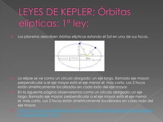 LEYES DE KEPLER; Órbitas elípticas: 1ª ley:Los planetas describen órbitas elípticas estando el Sol en uno de sus focos.La elipse se ve como un círculo alargado: un eje largo, llamado eje mayor; perpendicular a el eje mayor está el eje menor el  más corto. Los 2 focos están simétricamente localizados en cada lado del eje mayor.En la siguiente página observaremos como un círculo alargado: un eje largo, llamado eje mayor; perpendicular a el eje mayor está el eje menor el  más corto. Los 2 focos están simétricamente localizados en cada lado del eje mayor.http://www.sociedadelainformacion.com/departfqtobarra/gravitacion/kepler/1kepler/Kepler1.html