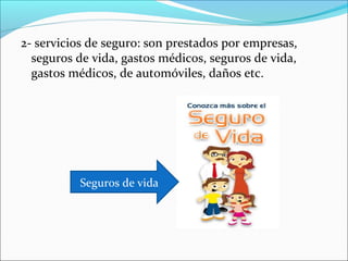 2- servicios de seguro: son prestados por empresas,
  seguros de vida, gastos médicos, seguros de vida,
  gastos médicos, de automóviles, daños etc.




          Seguros de vida
 