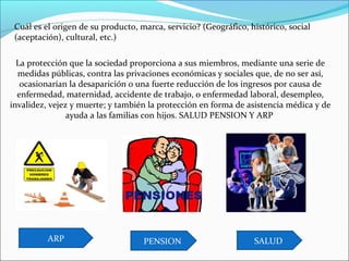 Cuál es el origen de su producto, marca, servicio? (Geográfico, histórico, social
 (aceptación), cultural, etc.)

  La protección que la sociedad proporciona a sus miembros, mediante una serie de
  medidas públicas, contra las privaciones económicas y sociales que, de no ser así,
   ocasionarían la desaparición o una fuerte reducción de los ingresos por causa de
  enfermedad, maternidad, accidente de trabajo, o enfermedad laboral, desempleo,
invalidez, vejez y muerte; y también la protección en forma de asistencia médica y de
                ayuda a las familias con hijos. SALUD PENSION Y ARP




          ARP                       PENSION                       SALUD
 