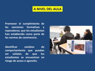 A NIVEL DEL AULA
Promover el cumplimiento de
las sanciones formativas y
reparadoras, que los estudiantes
han establecido como parte de
las normas de convivencia.
Identificar cambios de
comportamiento que puedan
ser señales de que los
estudiantes se encuentran en
riesgo de acoso o agresión.
 