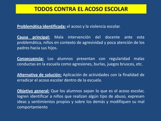 Problemática identificada: el acoso y la violencia escolar.
Causa principal: Mala intervención del docente ante esta
problemática, niños en contexto de agresividad y poca atención de los
padres hacia sus hijos.
Consecuencia: Los alumnos presentan con regularidad malas
conductas en la escuela como agresiones, burlas, juegos bruscos, etc.
Alternativa de solución: Aplicación de actividades con la finalidad de
erradicar el acoso escolar dentro de la escuela.
Objetivo general: Que los alumnos sepan lo que es el acoso escolar,
logren identificar a niños que realizan algún tipo de abuso, expresen
ideas y sentimientos propios y sobre los demás y modifiquen su mal
comportamiento.
TODOS CONTRA EL ACOSO ESCOLAR
 