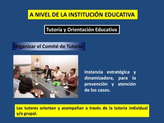 A NIVEL DE LA INSTITUCIÓN EDUCATIVA
Tutoría y Orientación Educativa
Organizar el Comité de Tutoría
Instancia estratégica y
dinamizadora, para la
prevención y atención
de los casos.
Los tutores orientan y acompañan a través de la tutoría individual
y/o grupal.
 