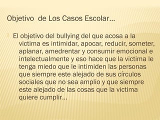 Objetivo de Los Casos Escolar…


El objetivo del bullying del que acosa a la
victima es intimidar, apocar, reducir, someter,
aplanar, amedrentar y consumir emocional e
intelectualmente y eso hace que la victima le
tenga miedo que le intimiden las personas
que siempre este alejado de sus círculos
sociales que no sea amplio y que siempre
este alejado de las cosas que la victima
quiere cumplir…

 