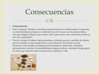 Consecuencias

 Consecuencias
 Para el agresor: Pueden convertirse posteriormente en delincuentes, la persona
se siente frustrada porque se le dificulta la convivencia con los demás niños,
cree que ningún esfuerzo que realice vale la pena para crear relaciones positivas
con sus compañeros.
 Para la víctima: Evidente baja autoestima, actitudes pasivas, pérdida de interés
por los estudios lo que puede llevar a una situación de fracaso escolar,
trastornos emocionales, problemas psicosomáticos, depresión, ansiedad,
pensamientos suicidas, lamentablemente algunos chicos, consumir drogas,para
no tener que soportar más esa situación se quitan la vida.

 