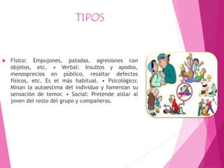 TIPOS
 Físico: Empujones, patadas, agresiones con
objetos, etc. • Verbal: Insultos y apodos,
menosprecios en público, resaltar defectos
físicos, etc. Es el más habitual. • Psicológico:
Minan la autoestima del individuo y fomentan su
sensación de temor. • Social: Pretende aislar al
joven del resto del grupo y compañeros.
 