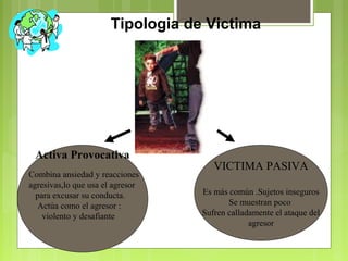 VICTIMA PASIVA
Es más común .Sujetos inseguros
Se muestran poco
Sufren calladamente el ataque del
agresor
Activa Provocativa
Combina ansiedad y reacciones
agresivas,lo que usa el agresor
para excusar su conducta.
Actúa como el agresor :
violento y desafiante
Tipologia de Victima
 
