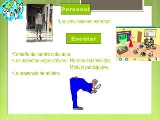 Personal
*Las desviaciones externas
Escolar
•Tamaño del centro o del aula
•Los aspectos organizativos : Normas establecidas
Modelo participativo
•La presencia de adultos
 
