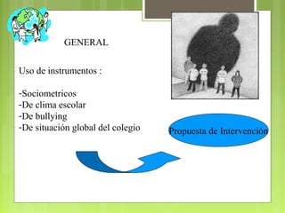 GENERAL
Uso de instrumentos :
-Sociometricos
-De clima escolar
-De bullying
-De situación global del colegio Propuesta de Intervención
 
