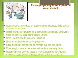 Estrategias para equilibrar el poder y elEstrategias para equilibrar el poder y el
reconocimientoreconocimiento
 Naturalmente se produce un desequilibrio de fuerzas, dado por las
mayores habilidades.
 Hacer prevalecer la fuerza de la comunidad ¿quienes? Devolver o
hacer conciencia del poder de todos unidos.
 Cada uno realizando su aporte individual
 Evitar el endiosamiento de los populares.
 La participación por tarjetas de manera que sea equitativa.
 El ser elegido para actuaciones y otros de manera equitativa.
 Reconocimiento activo a todos o ¿hay cuidadanos de segunda
categoría?¿cuál de mis alumnos me gustaría ser? ¿cuál no?
 