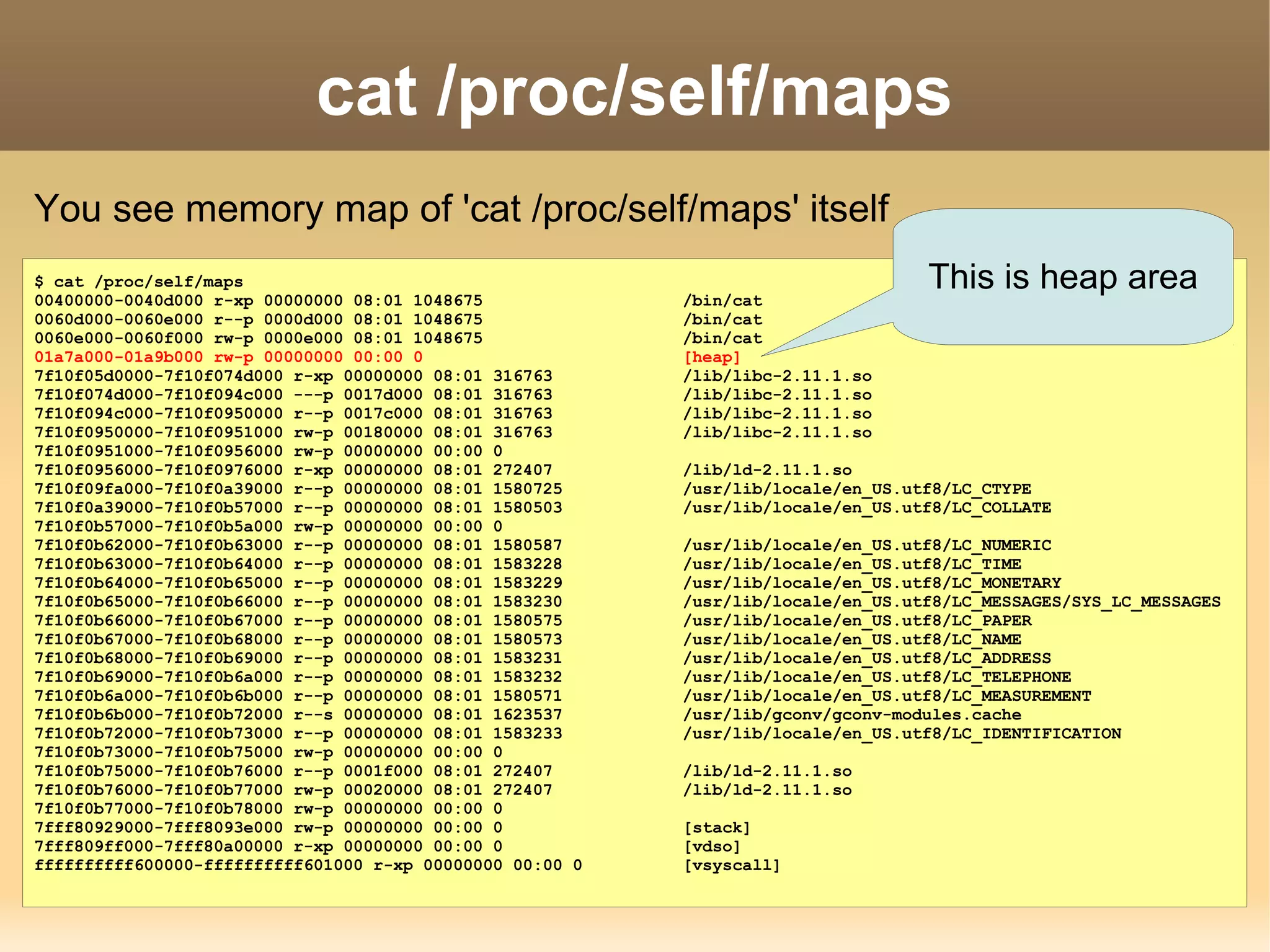 cat /proc/self/maps
You see memory map of 'cat /proc/self/maps' itself
$ cat /proc/self/maps
00400000-0040d000 r-xp 00000000 08:01 1048675             /bin/cat
                                                                                  This is heap area
0060d000-0060e000 r--p 0000d000 08:01 1048675             /bin/cat
0060e000-0060f000 rw-p 0000e000 08:01 1048675             /bin/cat
01a7a000-01a9b000 rw-p 00000000 00:00 0                   [heap]
7f10f05d0000-7f10f074d000 r-xp 00000000 08:01 316763      /lib/libc-2.11.1.so
7f10f074d000-7f10f094c000 ---p 0017d000 08:01 316763      /lib/libc-2.11.1.so
7f10f094c000-7f10f0950000 r--p 0017c000 08:01 316763      /lib/libc-2.11.1.so
7f10f0950000-7f10f0951000 rw-p 00180000 08:01 316763      /lib/libc-2.11.1.so
7f10f0951000-7f10f0956000 rw-p 00000000 00:00 0
7f10f0956000-7f10f0976000 r-xp 00000000 08:01 272407      /lib/ld-2.11.1.so
7f10f09fa000-7f10f0a39000 r--p 00000000 08:01 1580725     /usr/lib/locale/en_US.utf8/LC_CTYPE
7f10f0a39000-7f10f0b57000 r--p 00000000 08:01 1580503     /usr/lib/locale/en_US.utf8/LC_COLLATE
7f10f0b57000-7f10f0b5a000 rw-p 00000000 00:00 0
7f10f0b62000-7f10f0b63000 r--p 00000000 08:01 1580587     /usr/lib/locale/en_US.utf8/LC_NUMERIC
7f10f0b63000-7f10f0b64000 r--p 00000000 08:01 1583228     /usr/lib/locale/en_US.utf8/LC_TIME
7f10f0b64000-7f10f0b65000 r--p 00000000 08:01 1583229     /usr/lib/locale/en_US.utf8/LC_MONETARY
7f10f0b65000-7f10f0b66000 r--p 00000000 08:01 1583230     /usr/lib/locale/en_US.utf8/LC_MESSAGES/SYS_LC_MESSAGES
7f10f0b66000-7f10f0b67000 r--p 00000000 08:01 1580575     /usr/lib/locale/en_US.utf8/LC_PAPER
7f10f0b67000-7f10f0b68000 r--p 00000000 08:01 1580573     /usr/lib/locale/en_US.utf8/LC_NAME
7f10f0b68000-7f10f0b69000 r--p 00000000 08:01 1583231     /usr/lib/locale/en_US.utf8/LC_ADDRESS
7f10f0b69000-7f10f0b6a000 r--p 00000000 08:01 1583232     /usr/lib/locale/en_US.utf8/LC_TELEPHONE
7f10f0b6a000-7f10f0b6b000 r--p 00000000 08:01 1580571     /usr/lib/locale/en_US.utf8/LC_MEASUREMENT
7f10f0b6b000-7f10f0b72000 r--s 00000000 08:01 1623537     /usr/lib/gconv/gconv-modules.cache
7f10f0b72000-7f10f0b73000 r--p 00000000 08:01 1583233     /usr/lib/locale/en_US.utf8/LC_IDENTIFICATION
7f10f0b73000-7f10f0b75000 rw-p 00000000 00:00 0
7f10f0b75000-7f10f0b76000 r--p 0001f000 08:01 272407      /lib/ld-2.11.1.so
7f10f0b76000-7f10f0b77000 rw-p 00020000 08:01 272407      /lib/ld-2.11.1.so
7f10f0b77000-7f10f0b78000 rw-p 00000000 00:00 0
7fff80929000-7fff8093e000 rw-p 00000000 00:00 0           [stack]
7fff809ff000-7fff80a00000 r-xp 00000000 00:00 0           [vdso]
ffffffffff600000-ffffffffff601000 r-xp 00000000 00:00 0   [vsyscall]
                                                                                                            15
 