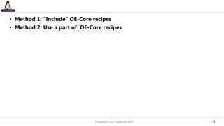2323
• Method 1: "Include" OE-Core recipes
• Method 2: Use a part of OE-Core recipes
Embedded Linux Conference 2016
 